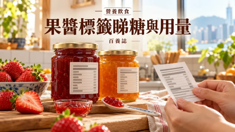 百養誌果醬標籤睇糖與用量的自然彩色健康教育情境封面；沒有個人診斷或治療結果。