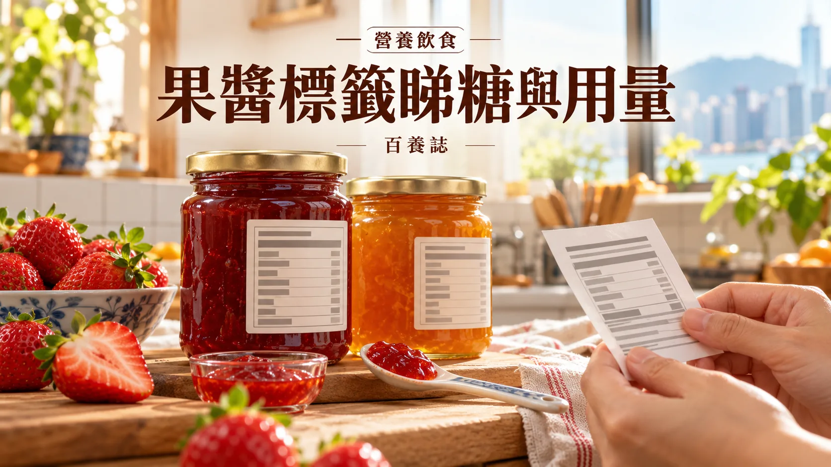 百養誌果醬標籤睇糖與用量的自然彩色健康教育情境封面;沒有個人診斷或治療結果。