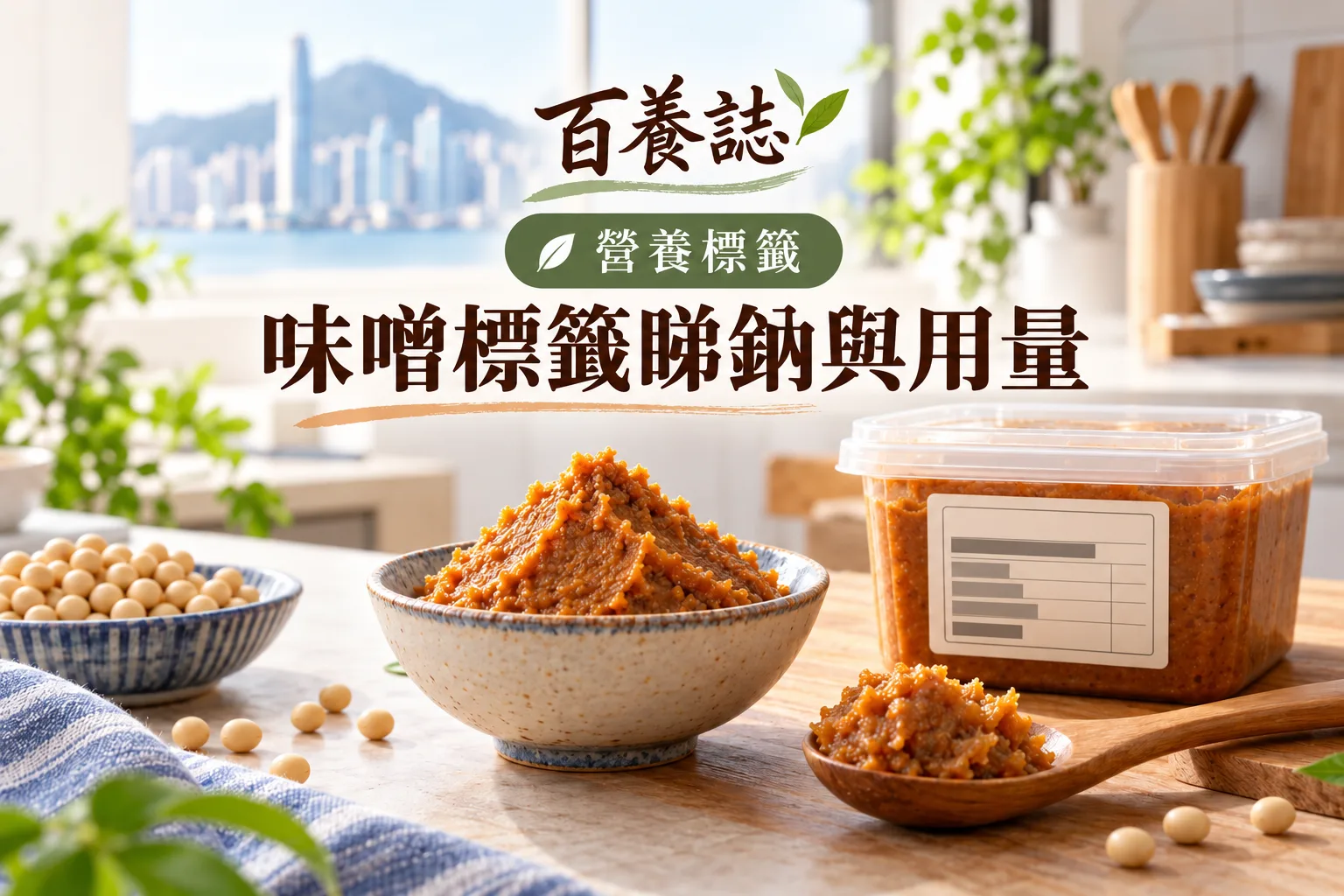 百養誌味噌標籤睇鈉與用量的自然彩色健康教育情境封面;沒有個人診斷或治療結果。