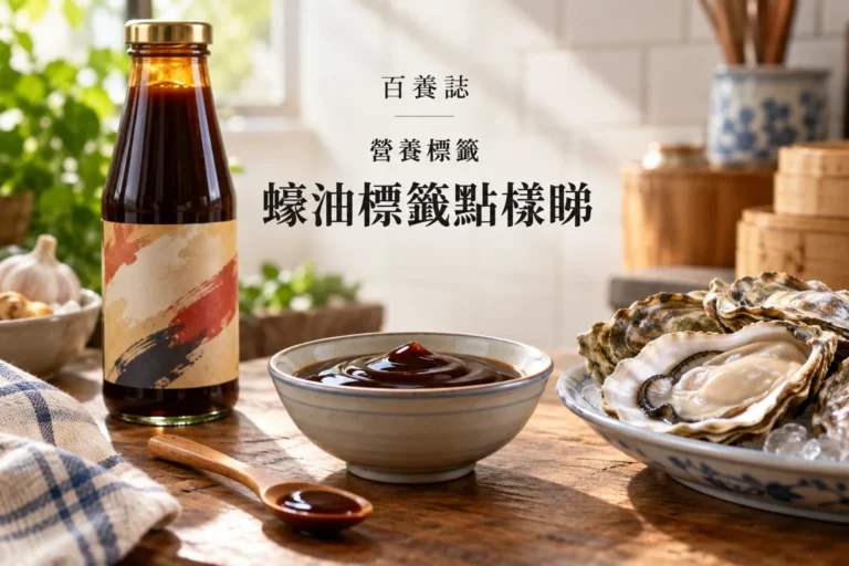 百養誌蠔油標籤點樣睇的自然彩色健康教育情境封面；沒有個人診斷或治療結果。