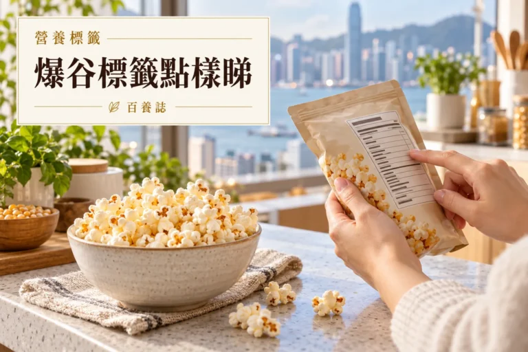 百養誌爆谷標籤點樣睇的自然彩色健康教育情境封面；沒有個人診斷或治療結果。