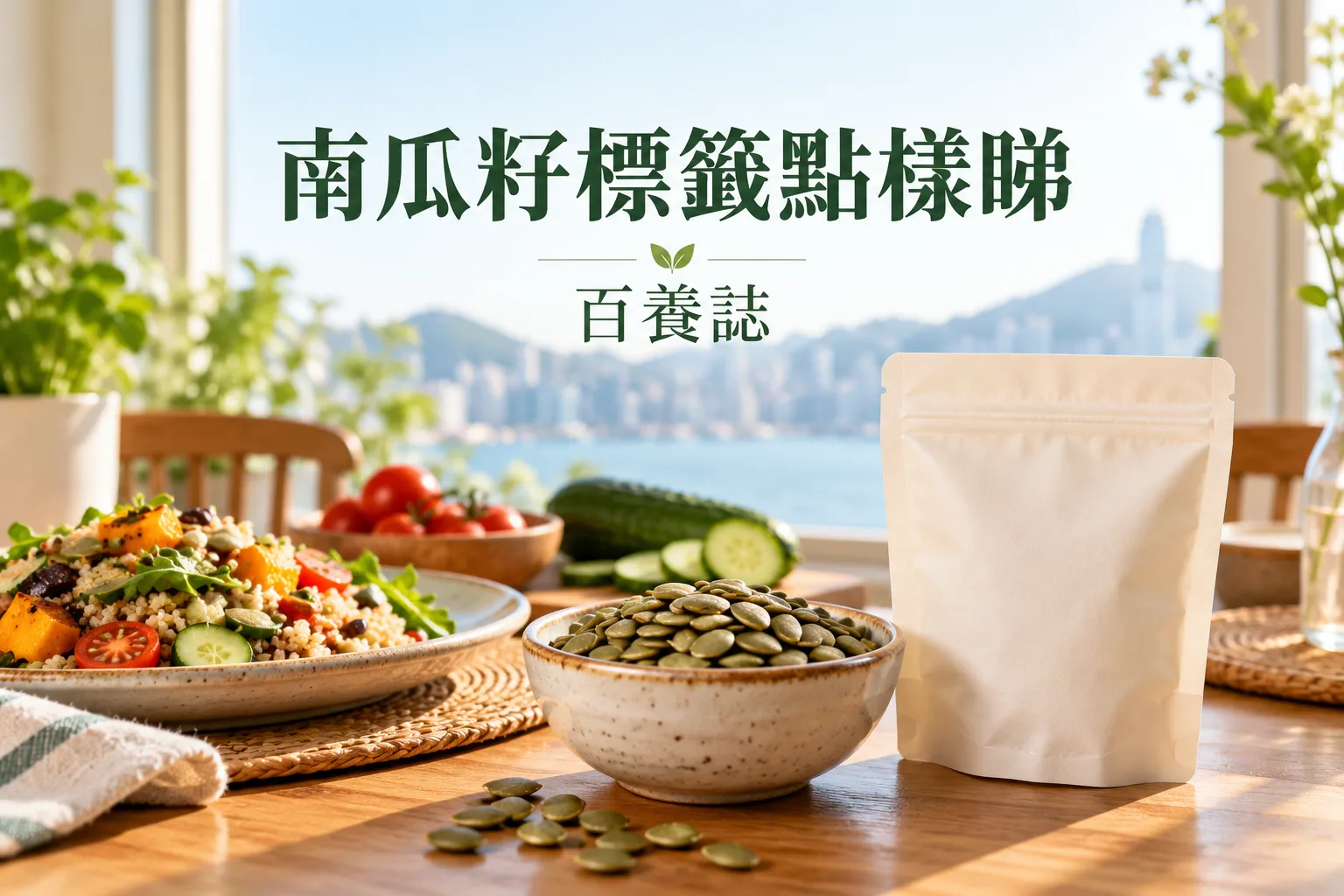 南瓜籽籽仁、小碟份量與營養標籤示意,呈現原味調味比較及配餐觀念