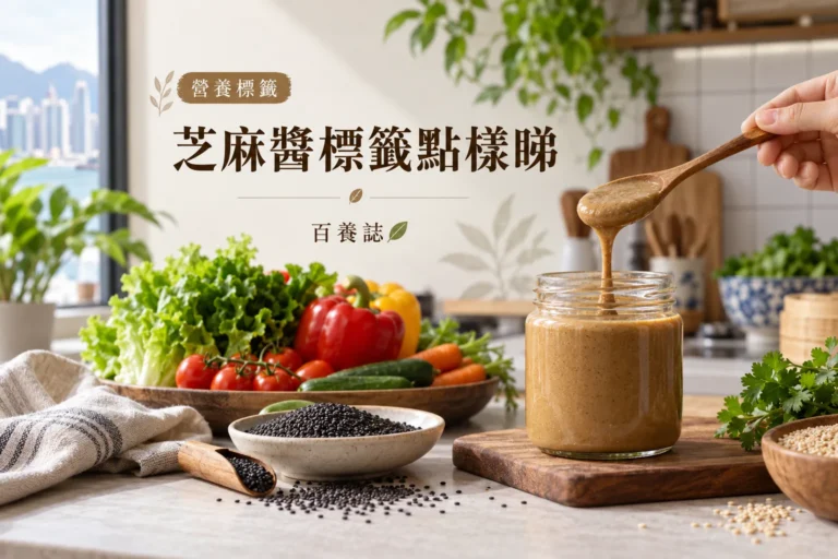 百養誌芝麻醬標籤點樣睇的自然彩色健康教育情境封面；沒有個人診斷或治療結果。