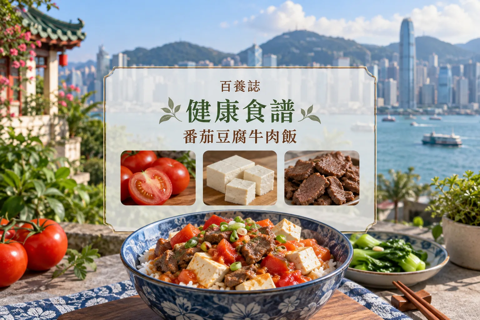 百養誌番茄豆腐牛肉飯健康教育情境封面,完整橫向比例;自然彩色示意,不代表個人治療結果。