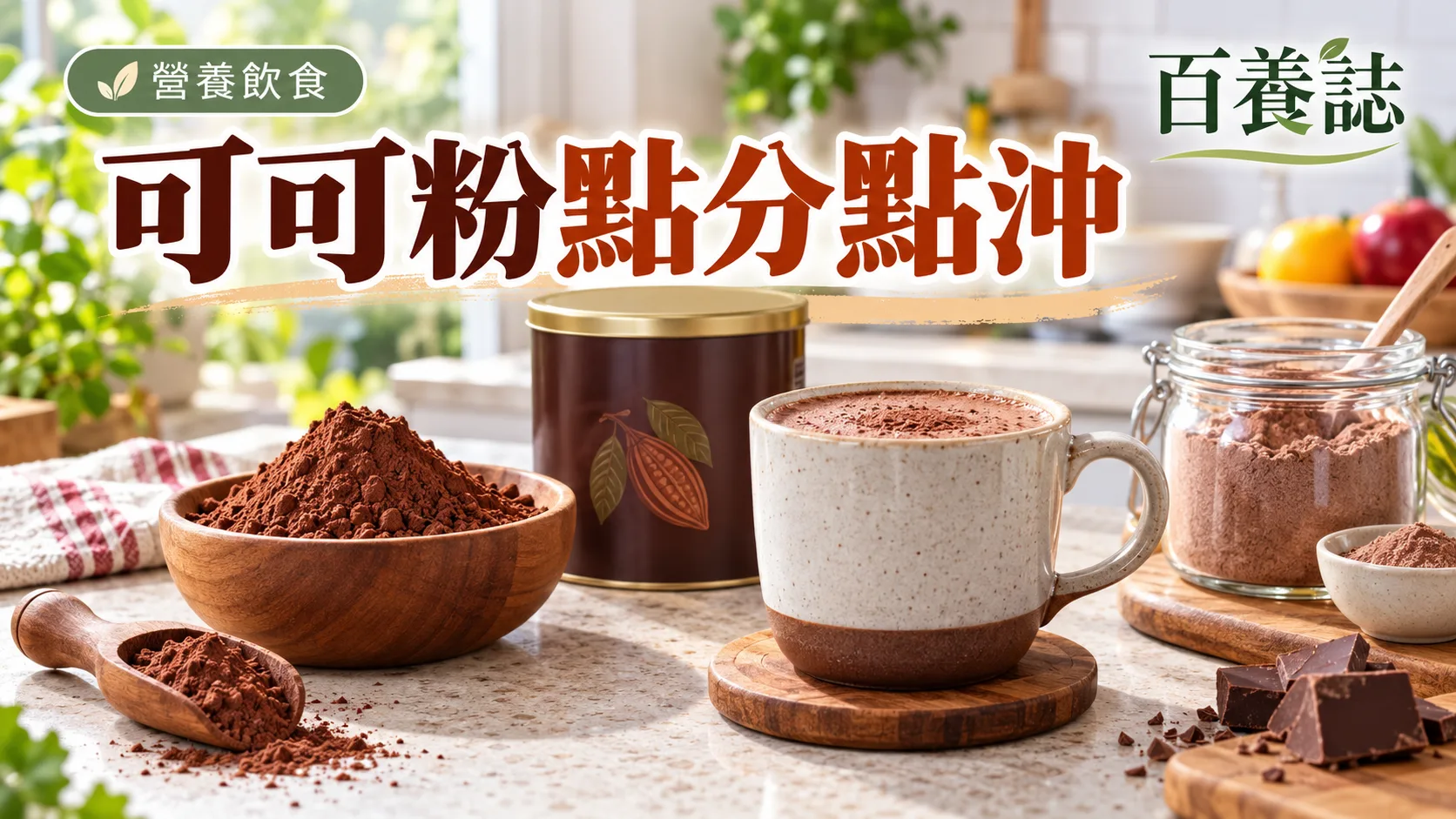 百養誌可可粉點分點沖的自然彩色健康教育情境封面；沒有個人診斷或治療結果。