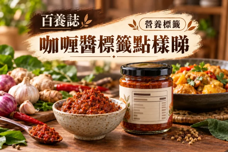 百養誌咖喱醬標籤點樣睇的自然彩色健康教育情境封面；沒有個人診斷或治療結果。