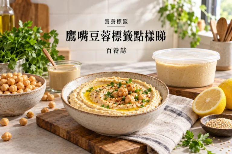 百養誌鷹嘴豆蓉標籤點樣睇的自然彩色健康教育情境封面；沒有個人診斷或治療結果。