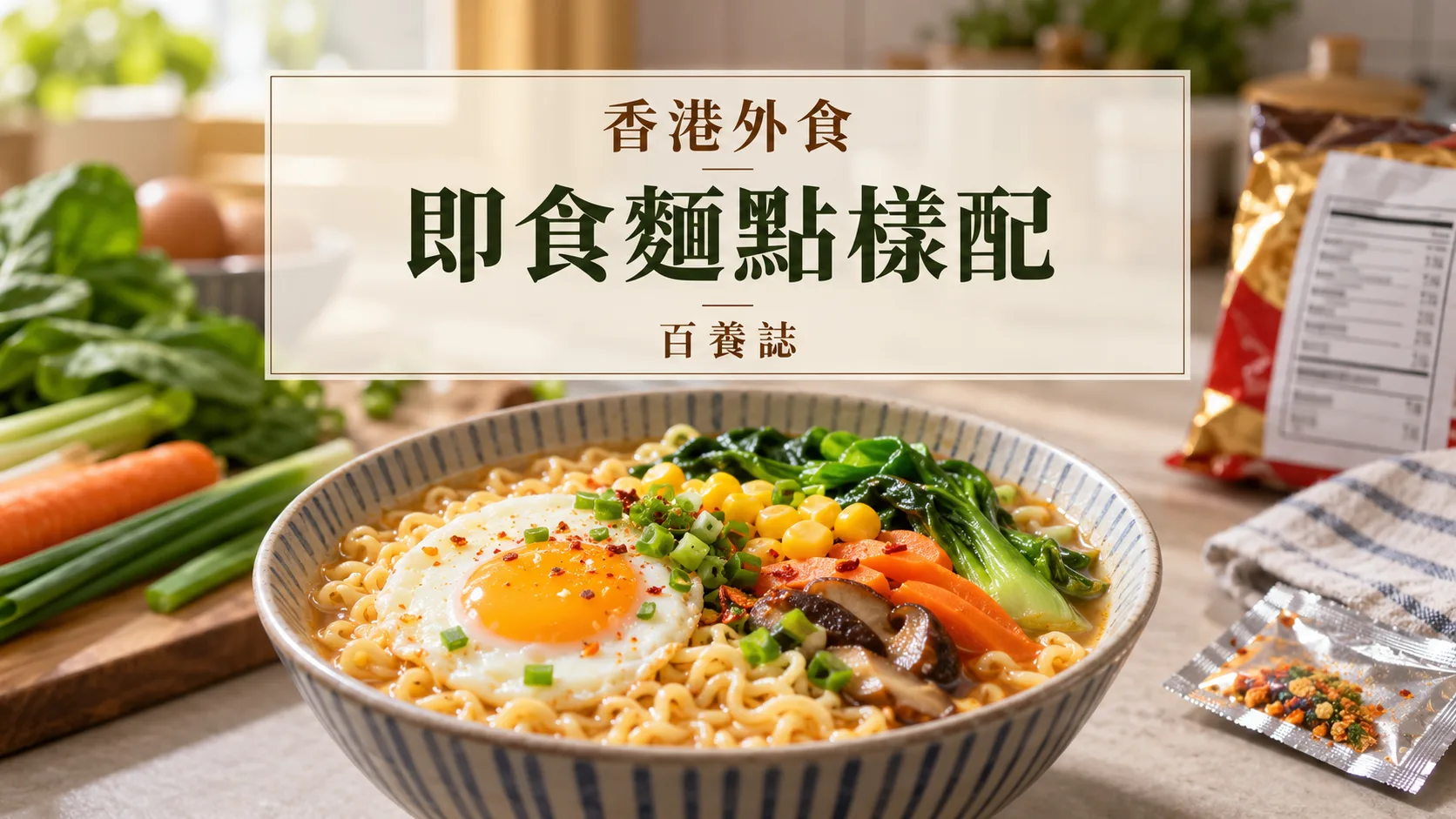 百養誌即食麵點樣配的自然彩色健康教育情境封面;沒有個人診斷或治療結果。
