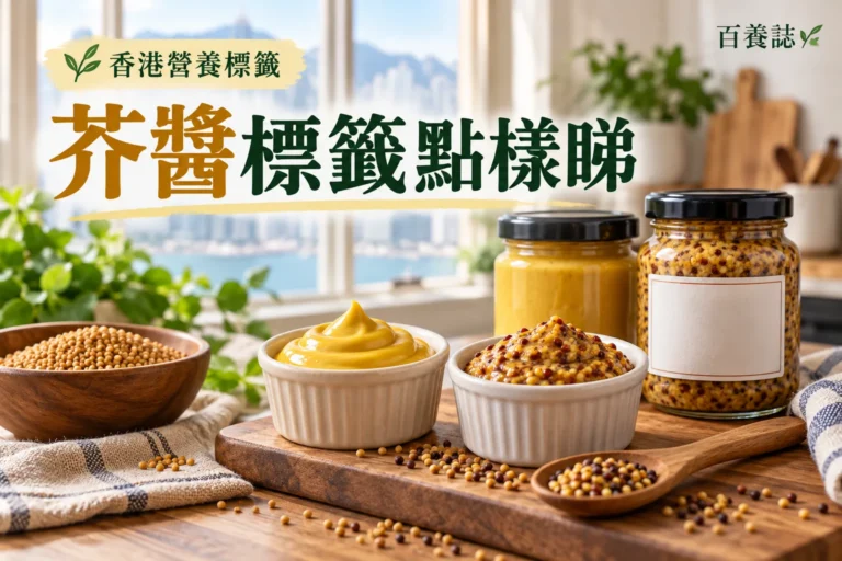 百養誌芥醬標籤點樣睇的自然彩色健康教育情境封面；沒有個人診斷或治療結果。