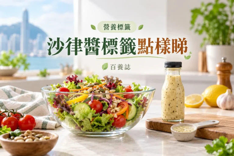 百養誌沙律醬標籤點樣睇的自然彩色健康教育情境封面；沒有個人診斷或治療結果。