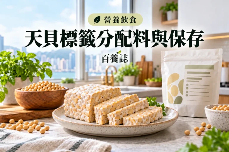 百養誌天貝標籤分配料與保存的自然彩色健康教育情境封面；沒有個人診斷或治療結果。