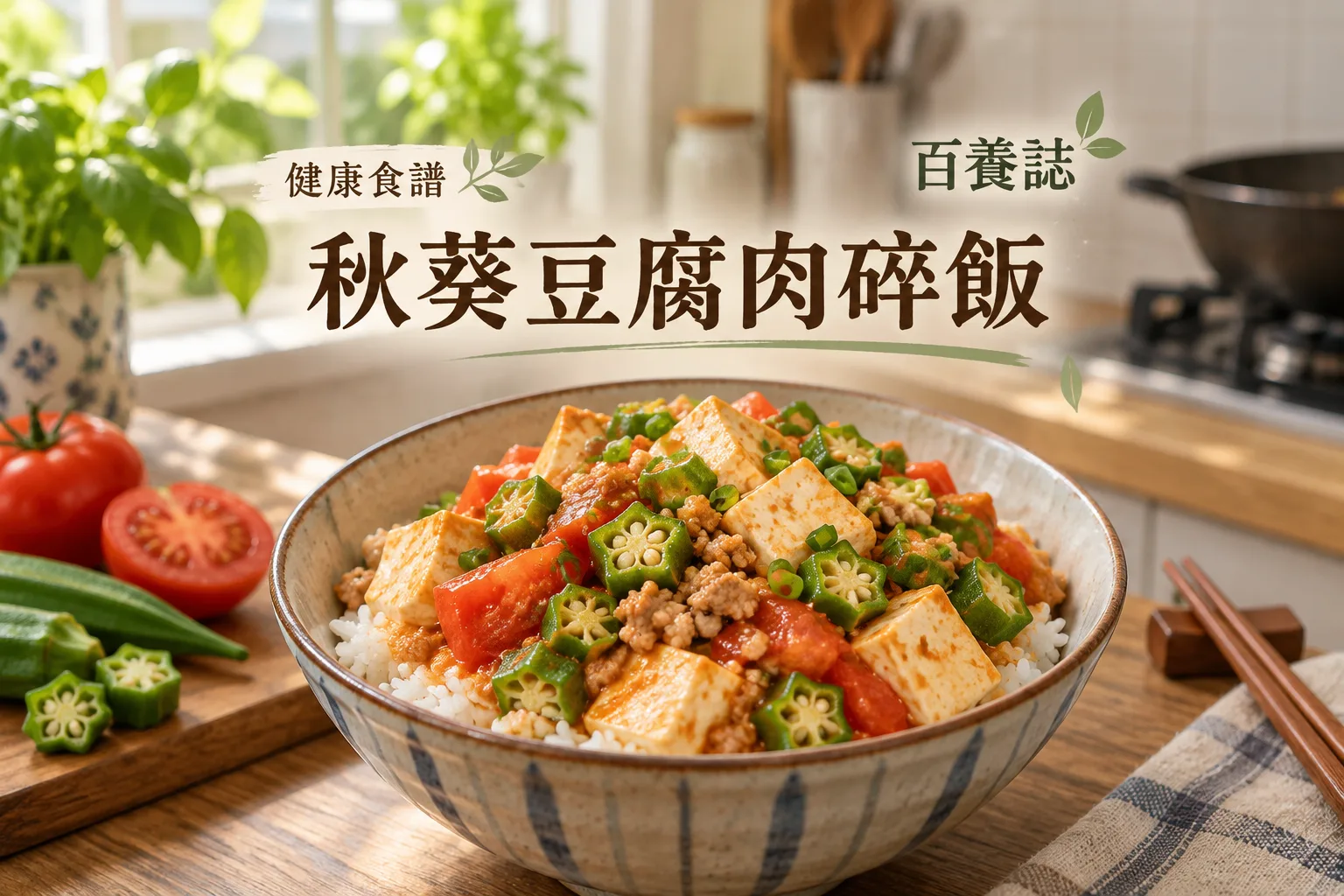 百養誌秋葵豆腐肉碎飯的自然彩色健康教育情境封面;沒有個人診斷或治療結果。