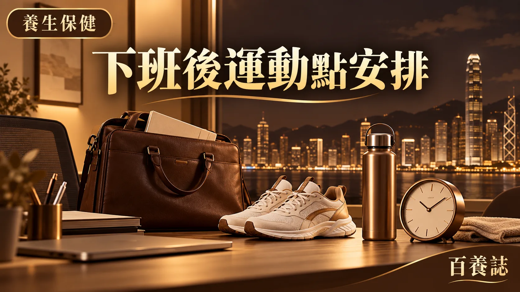 金銅啡米白下班後步行、肌力、飲水與時鐘圖示封面，文字為養生保健、下班後運動點安排、百養誌