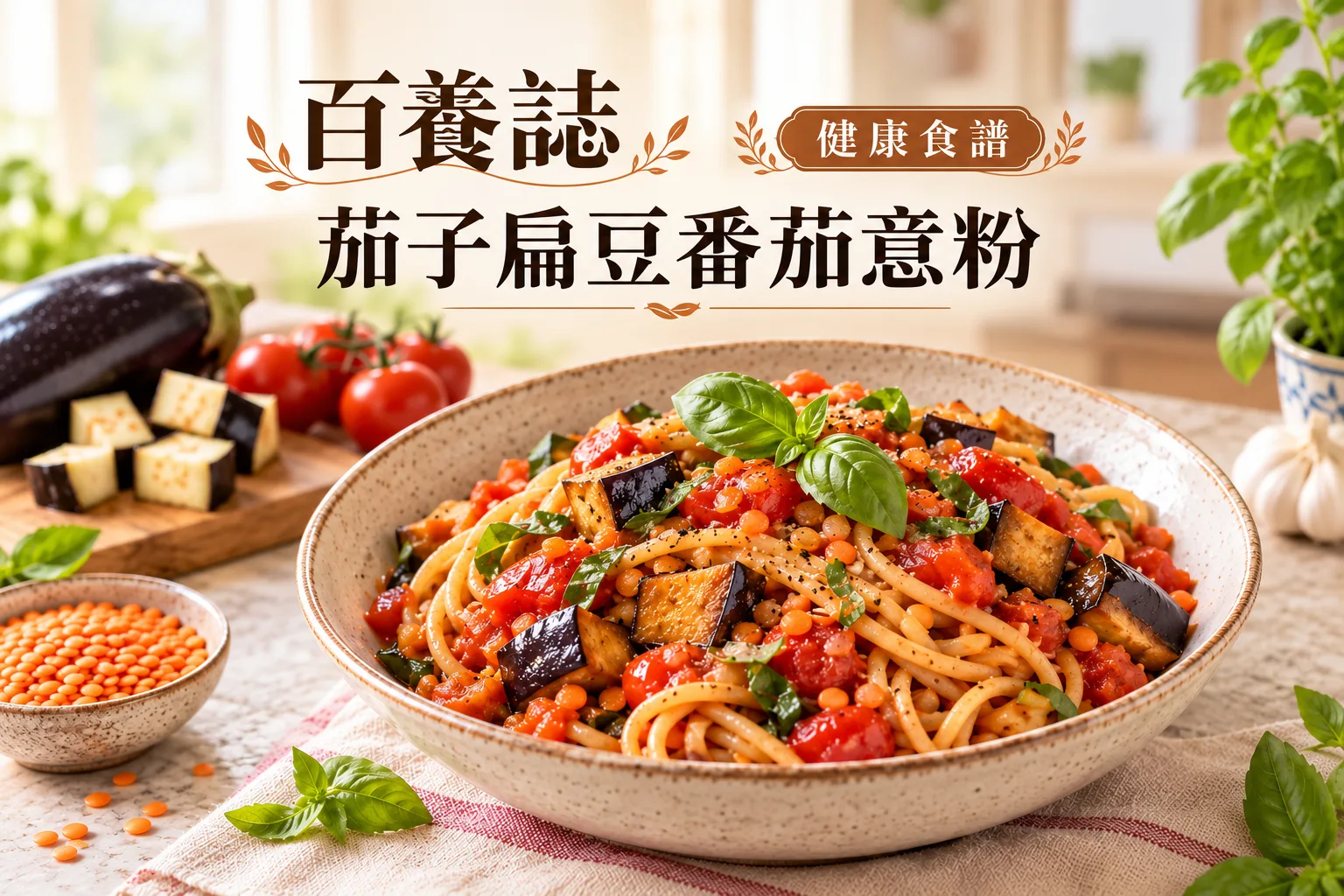 百養誌茄子扁豆番茄意粉的自然彩色健康教育情境封面；沒有個人診斷或治療結果。
