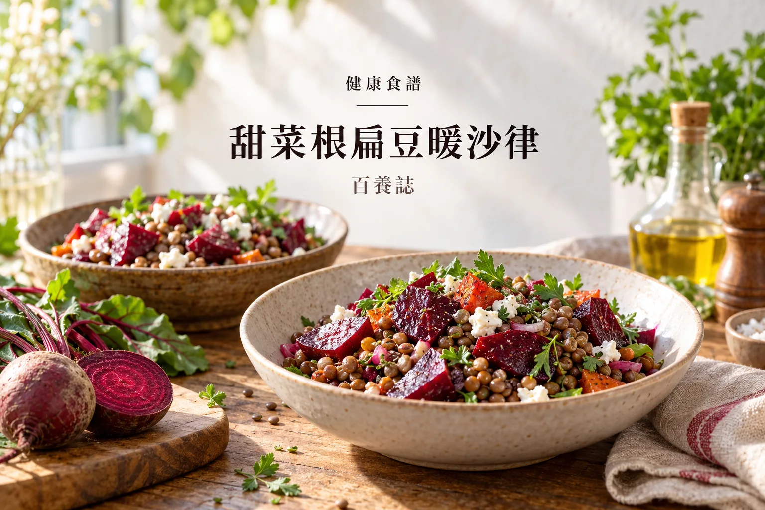 百養誌甜菜根扁豆暖沙律的自然彩色健康教育情境封面;沒有個人診斷或治療結果。