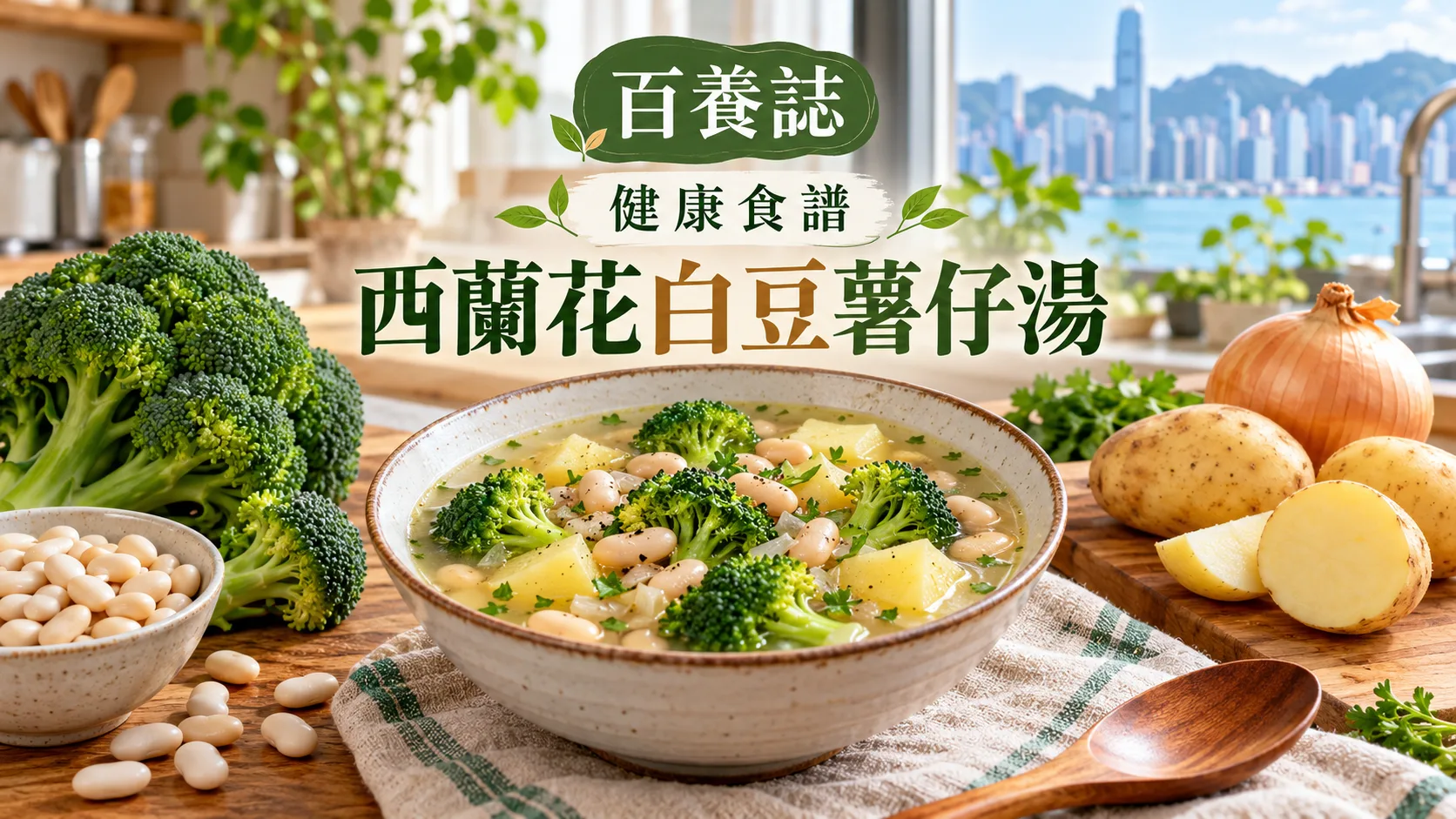 百養誌西蘭花白豆薯仔湯的自然彩色健康教育情境封面；沒有個人診斷或治療結果。