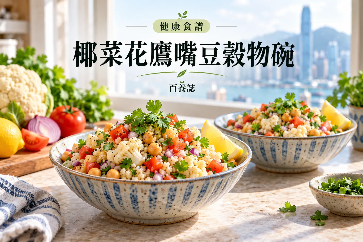 百養誌椰菜花鷹嘴豆穀物碗的自然彩色健康教育情境封面；沒有個人診斷或治療結果。