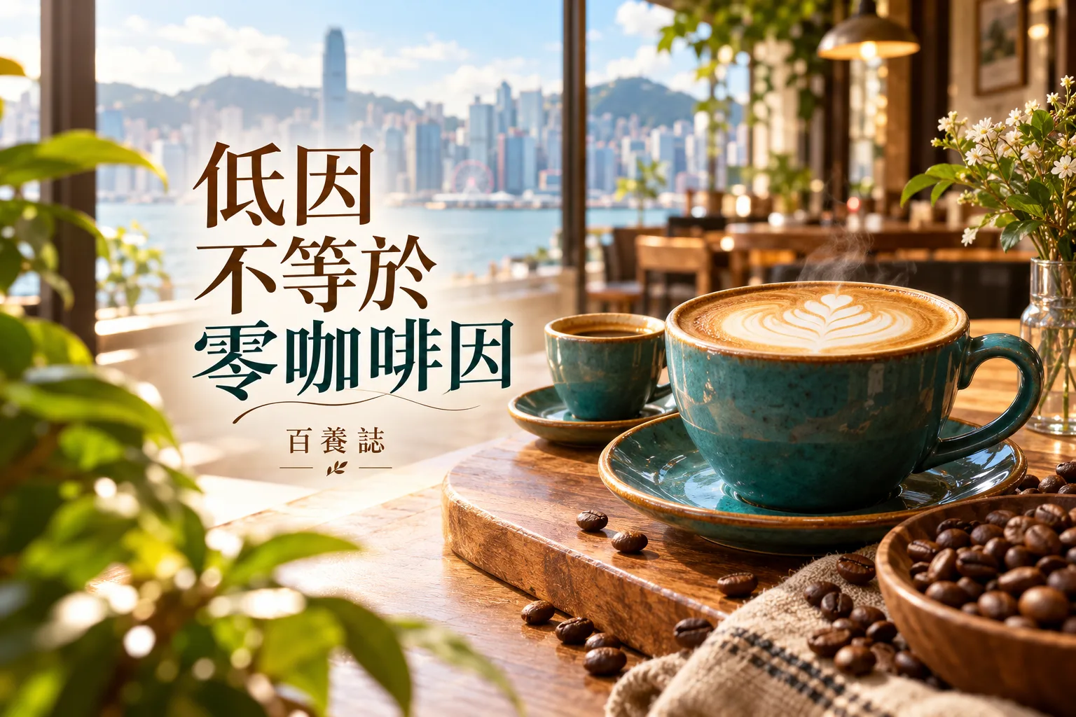 咖啡杯與咖啡店櫃檯自然彩色場景,說明低因咖啡仍需核對杯量與咖啡因資料