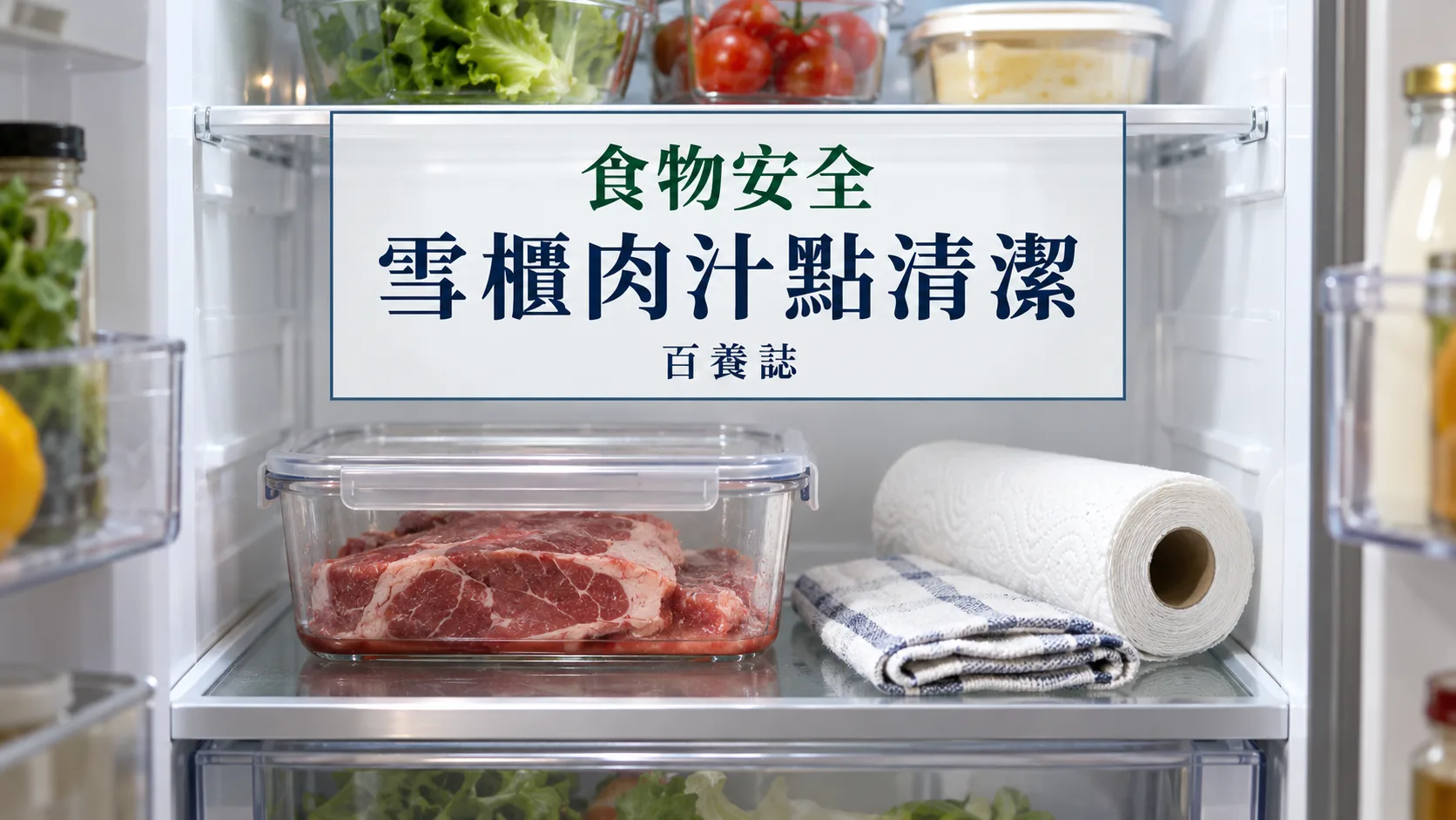 百養誌雪櫃肉汁點清潔的自然彩色健康教育情境封面;沒有個人診斷或治療結果。