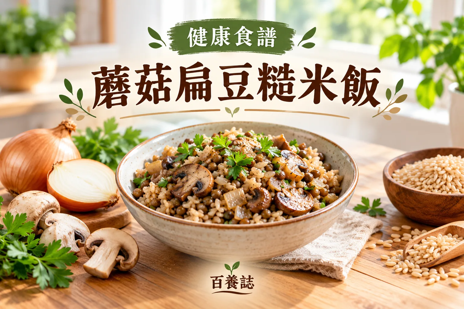 百養誌蘑菇扁豆糙米飯的自然彩色健康教育情境封面；沒有個人診斷或治療結果。