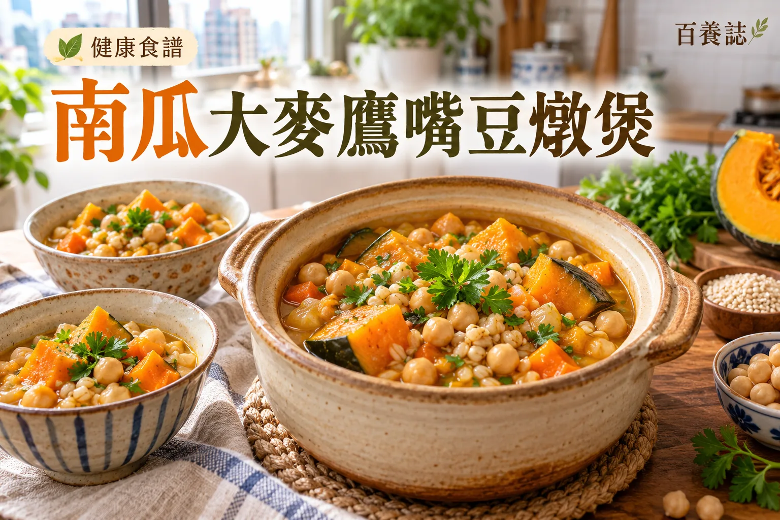 百養誌南瓜大麥鷹嘴豆燉煲的自然彩色健康教育情境封面；沒有個人診斷或治療結果。