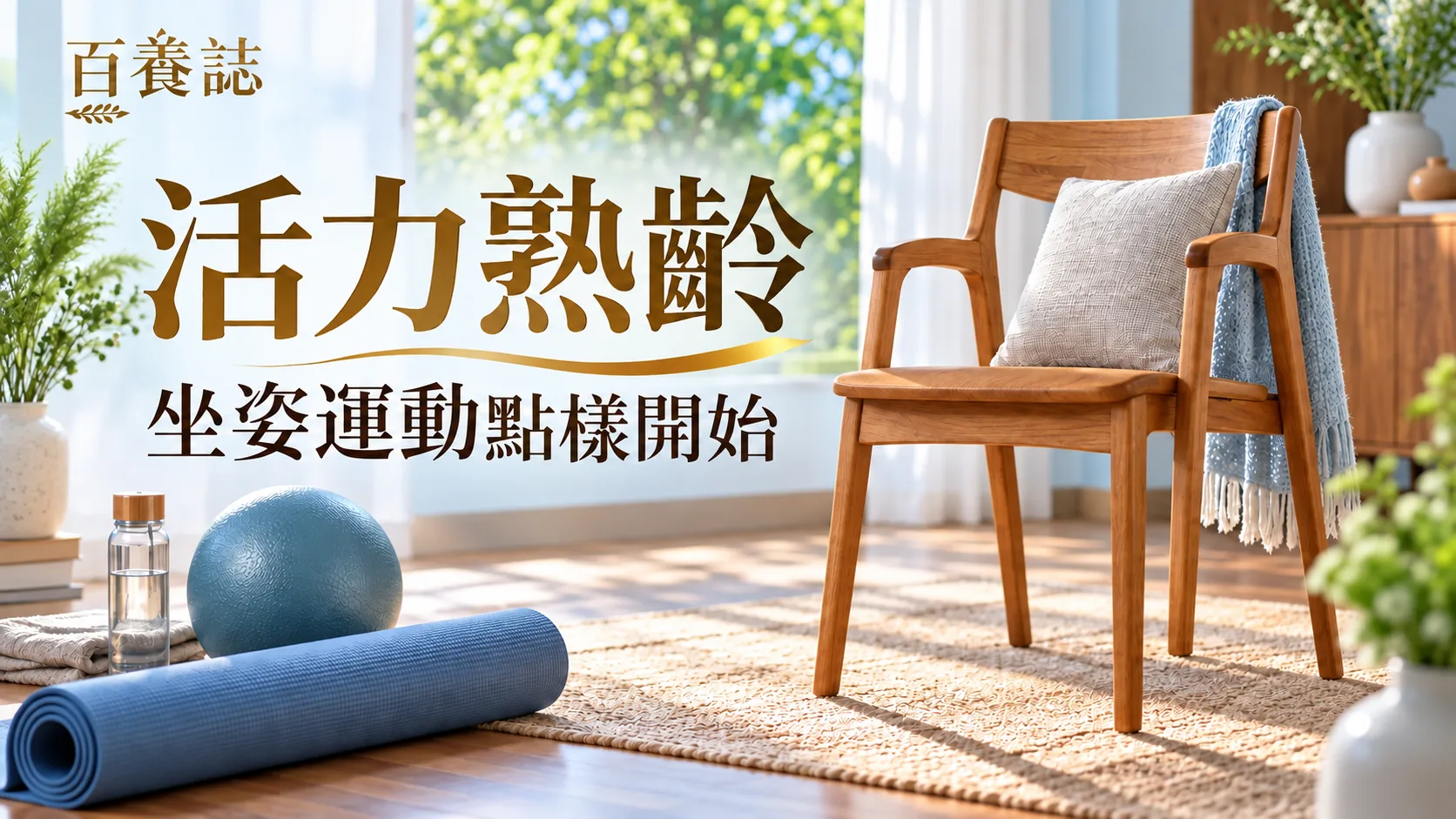 百養誌「坐姿運動點樣開始」健康教育封面：明亮客廳中的穩固木椅、藍色運動墊與綠色植物；圖片為情境示意。