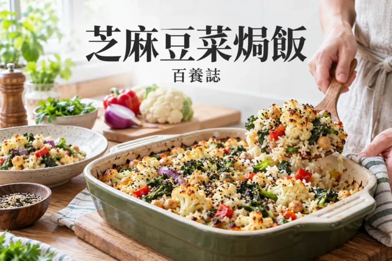 百養誌「芝麻豆菜焗飯」健康教育情境封面；非個人診斷或治療效果證明。