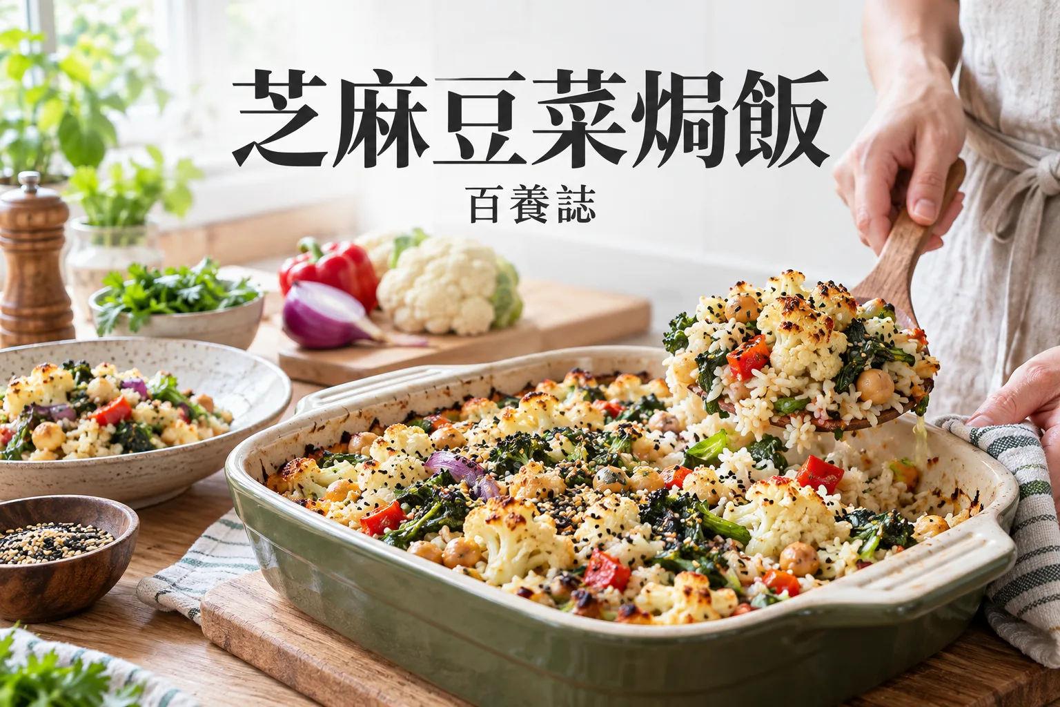 百養誌「芝麻豆菜焗飯」健康教育情境封面;非個人診斷或治療效果證明。