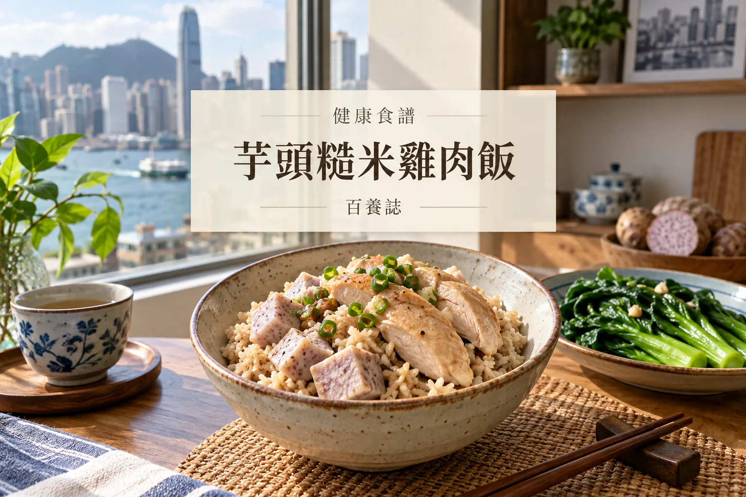 百養誌芋頭糙米雞肉飯的自然彩色健康教育情境封面；沒有個人診斷或治療結果。