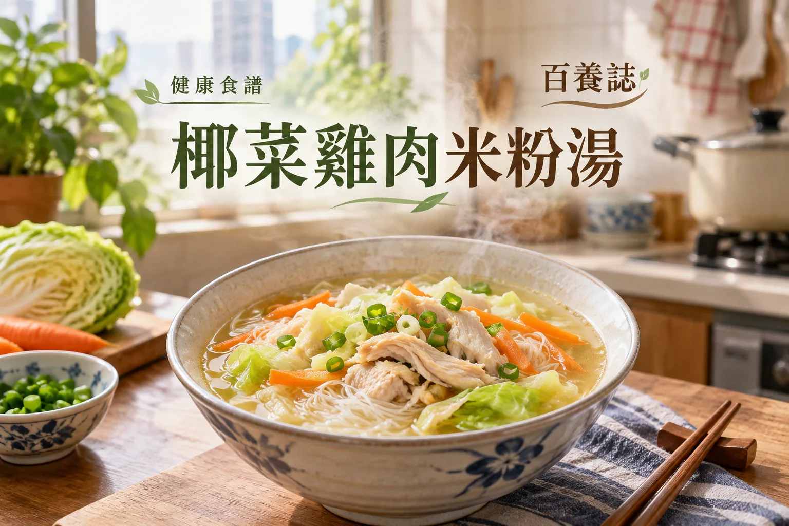 百養誌椰菜雞肉米粉湯的自然彩色健康教育情境封面；沒有個人診斷或治療結果。