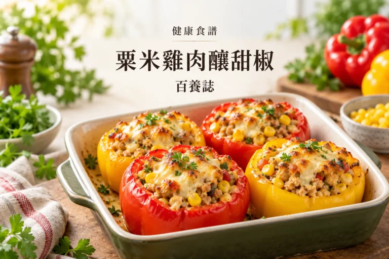百養誌粟米雞肉釀甜椒的自然彩色健康教育情境封面；沒有個人診斷或治療結果。