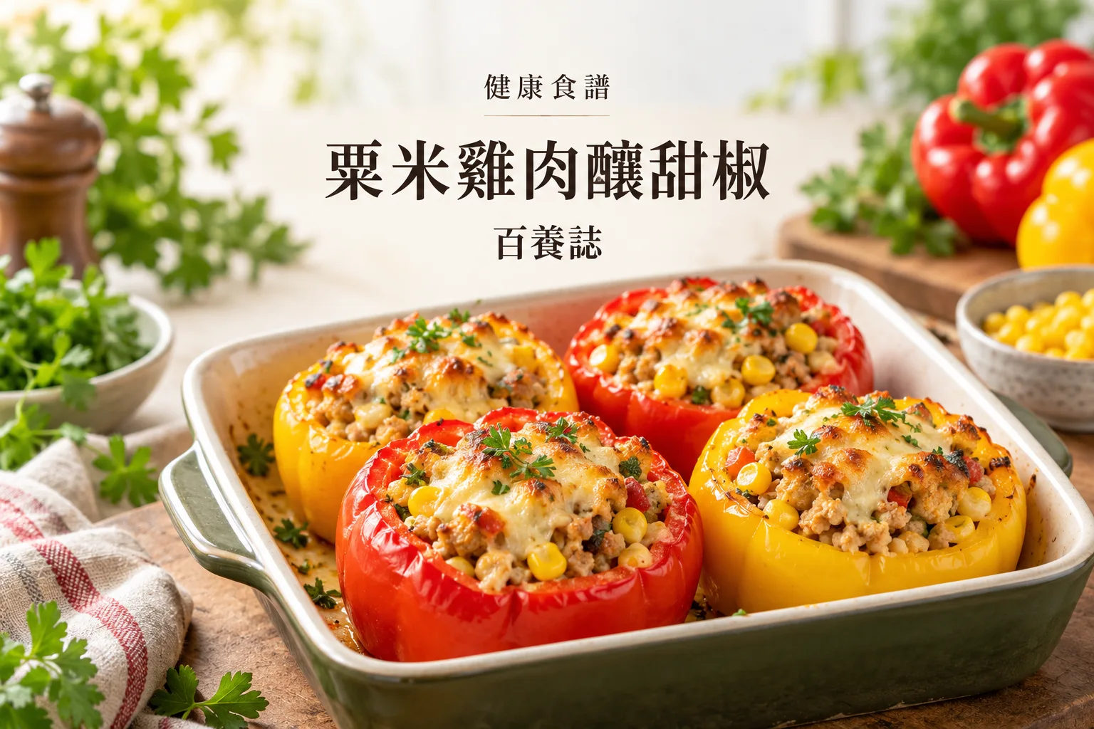 百養誌粟米雞肉釀甜椒的自然彩色健康教育情境封面;沒有個人診斷或治療結果。