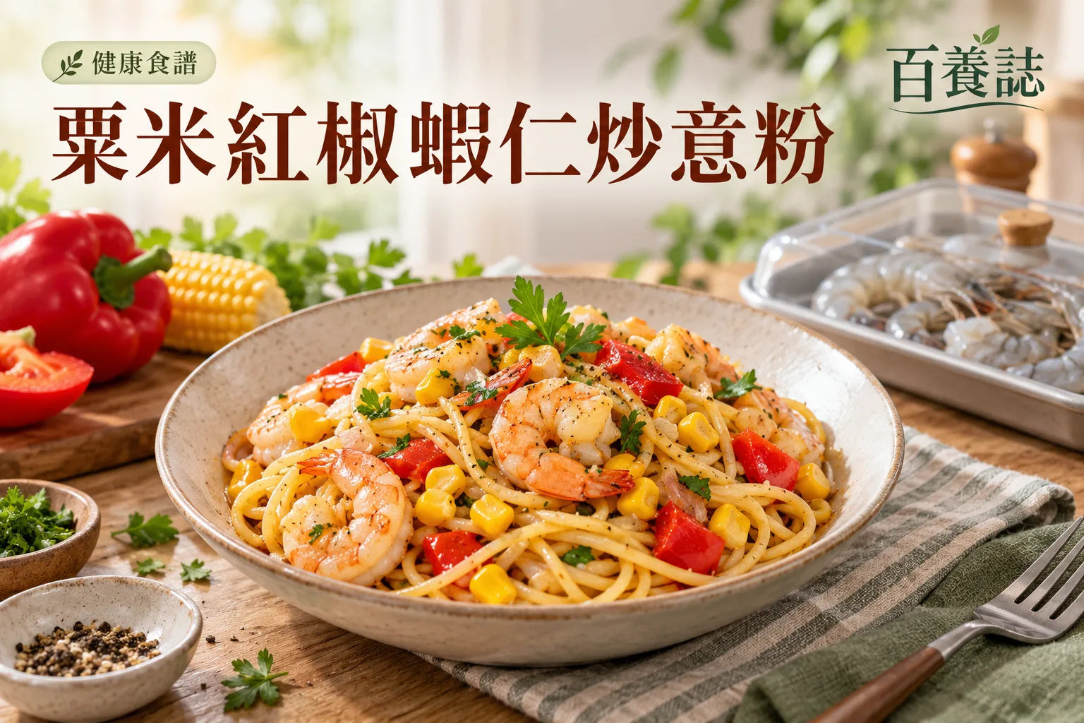 百養誌粟米紅椒蝦仁炒意粉的自然彩色健康教育情境封面；沒有個人診斷或治療結果。