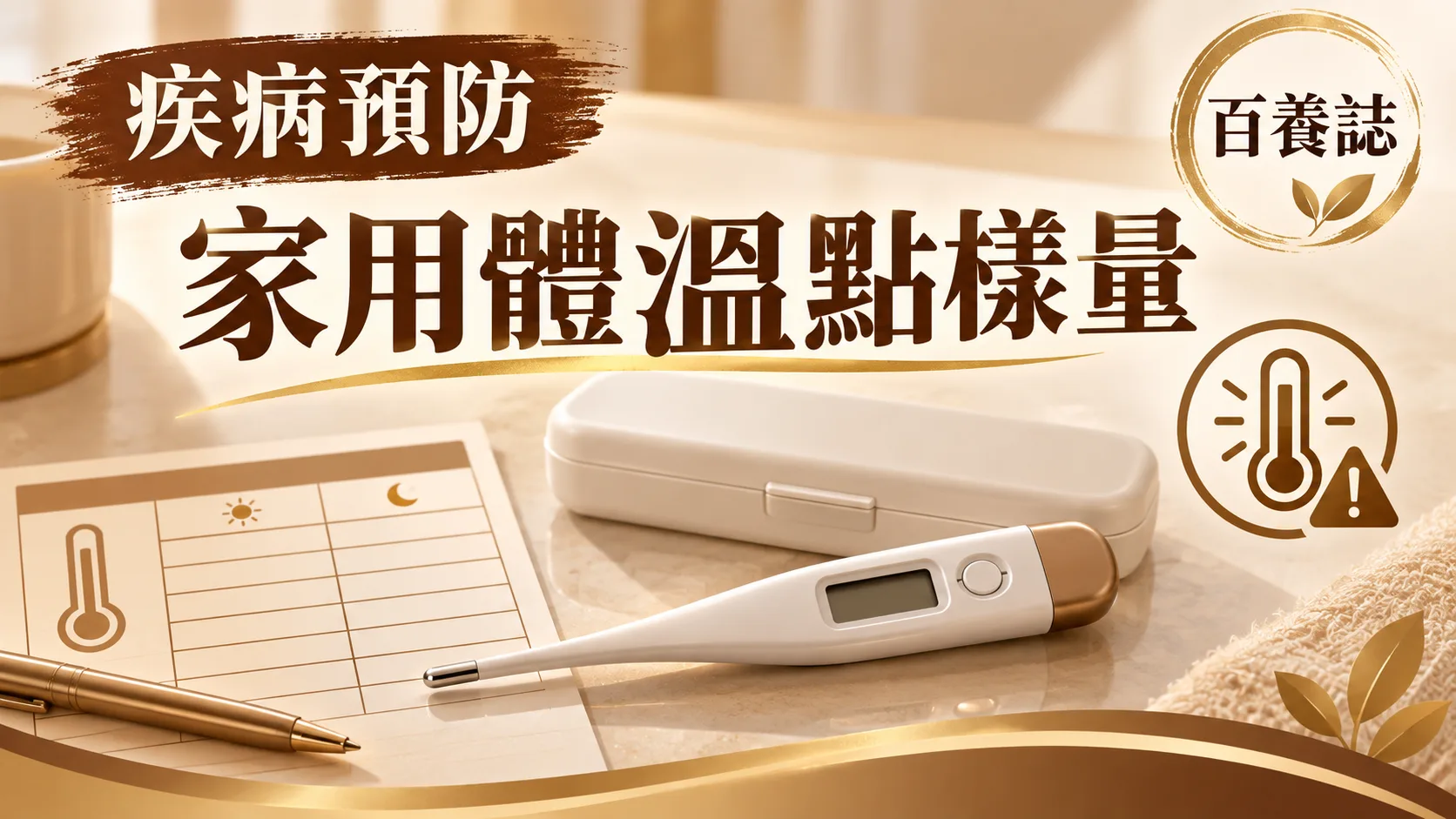 金銅啡米白電子體溫計、時鐘、記錄與清潔圖示封面，文字為疾病預防、家用體溫點樣量、百養誌
