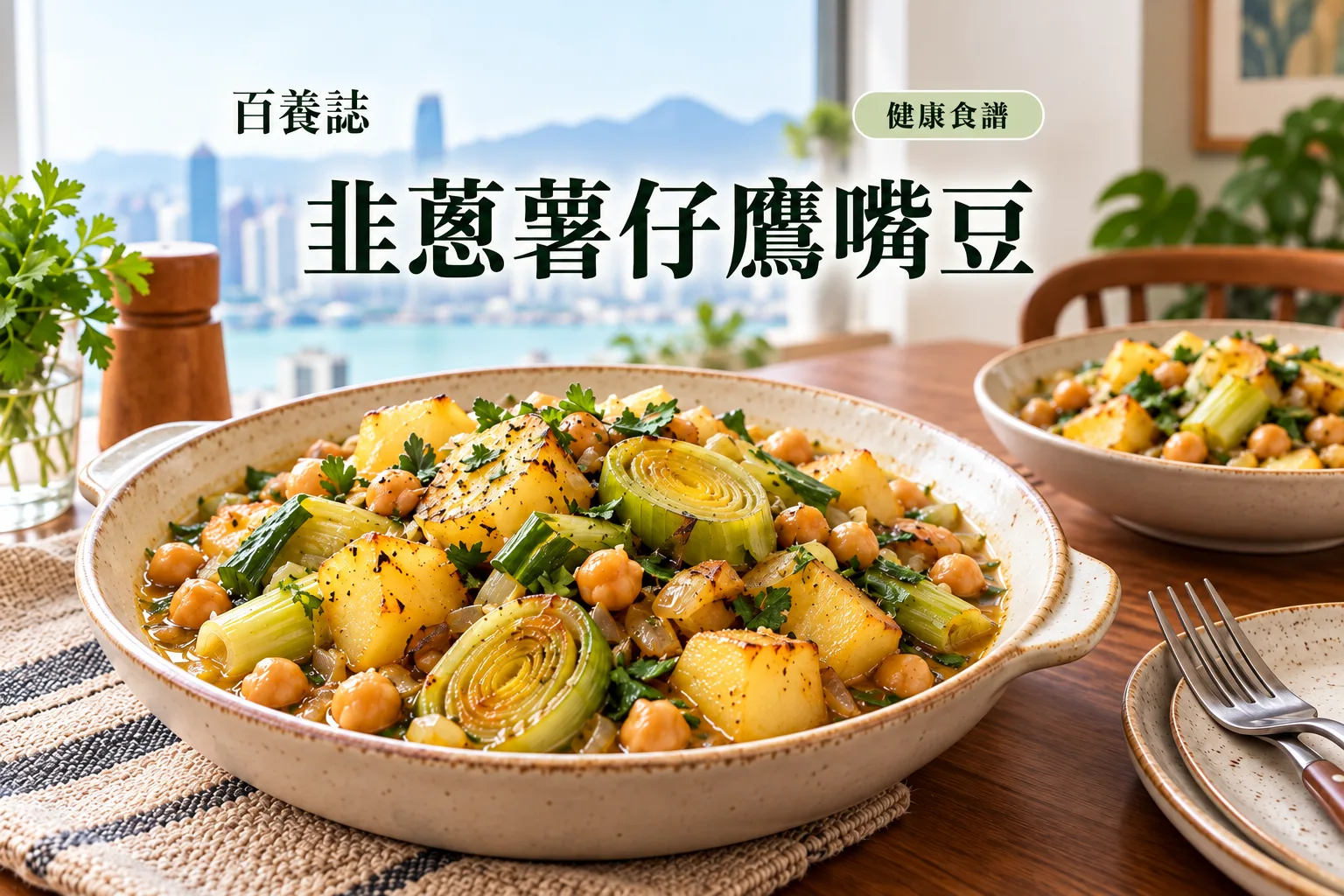 百養誌韭蔥薯仔鷹嘴豆的自然彩色健康教育情境封面；沒有個人診斷或治療結果。