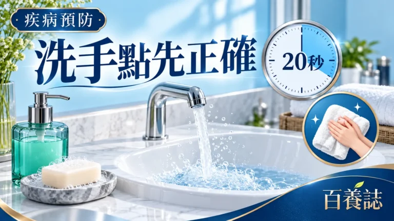 百養誌「洗手點先正確」健康教育封面：白瓷洗手盆、青綠皂液瓶、20秒提示與抹乾雙手示意；圖片為情境示意。
