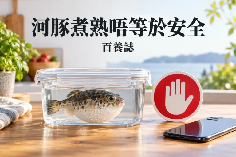 百養誌「河豚煮熟唔等於安全」健康教育情境封面；非個人診斷或治療效果證明。