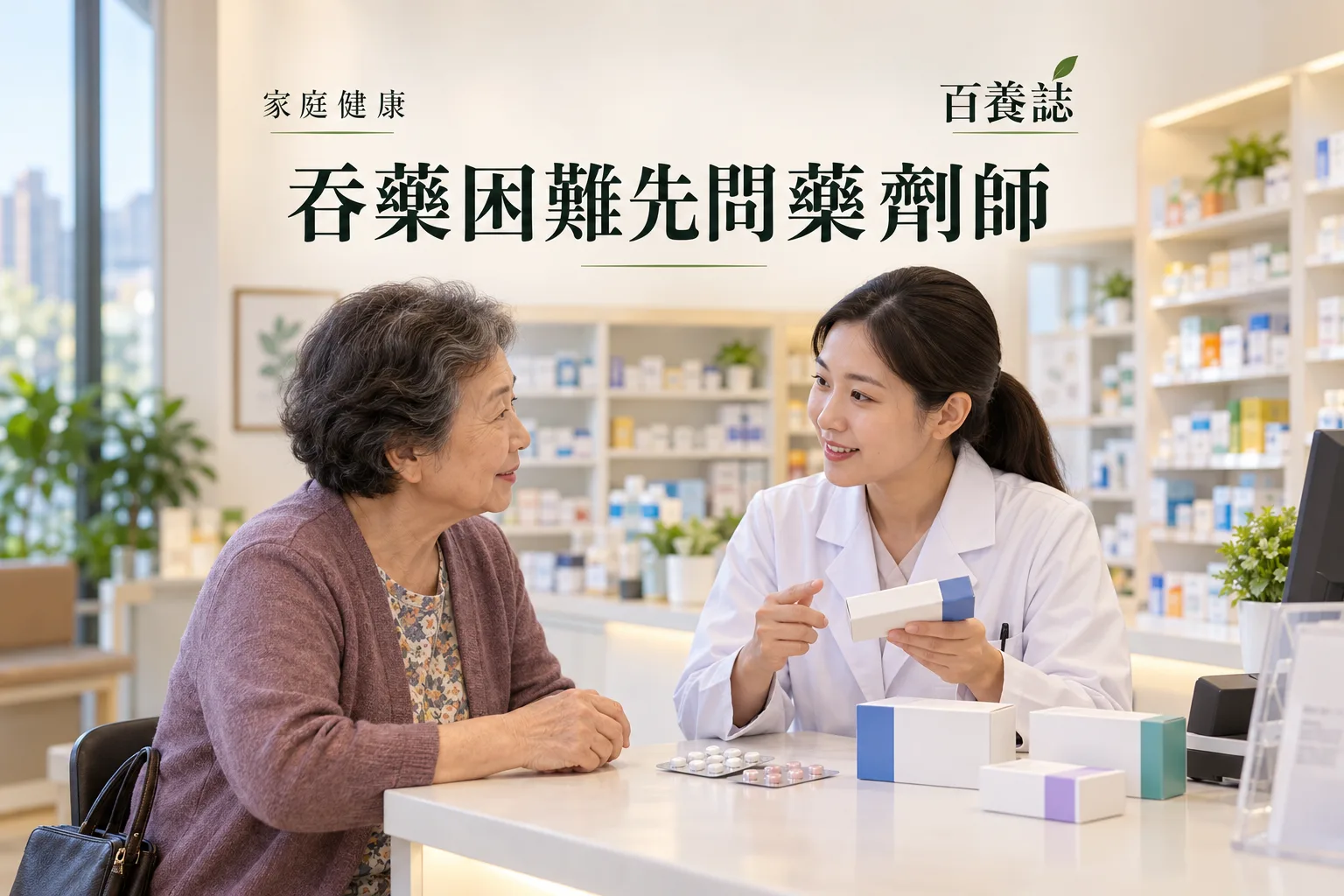 百養誌吞藥困難先問藥劑師的自然彩色健康教育情境封面;沒有個人診斷或治療結果。