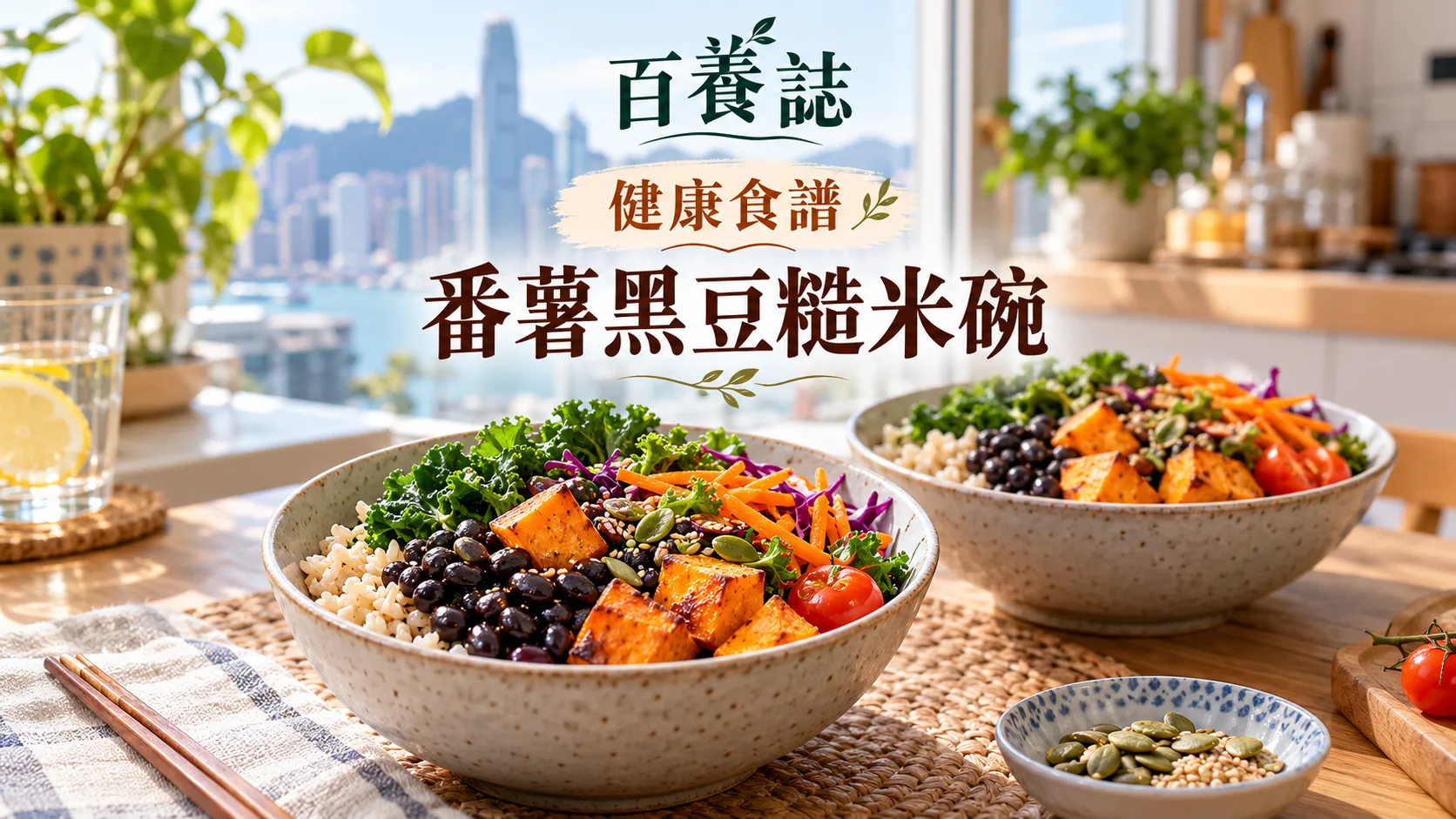 百養誌番薯黑豆糙米碗的自然彩色健康教育情境封面；沒有個人診斷或治療結果。
