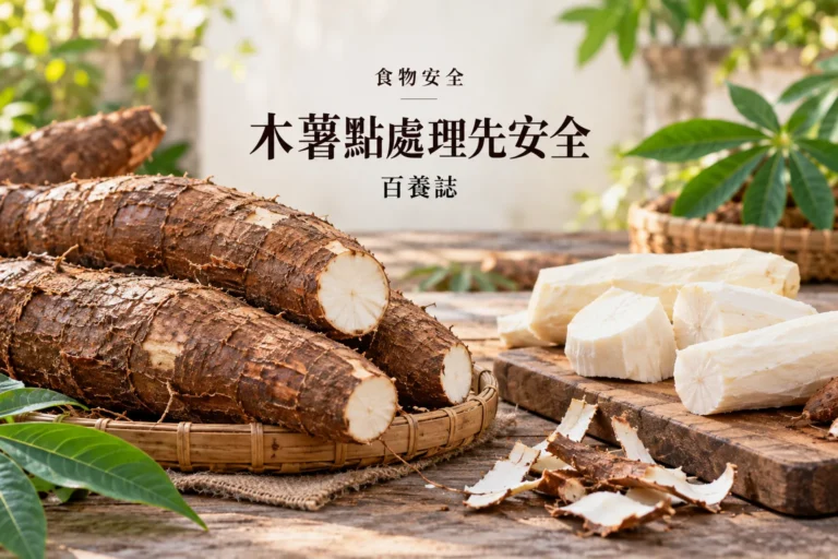 百養誌木薯點處理先安全的自然彩色健康教育情境封面；沒有個人診斷或治療結果。