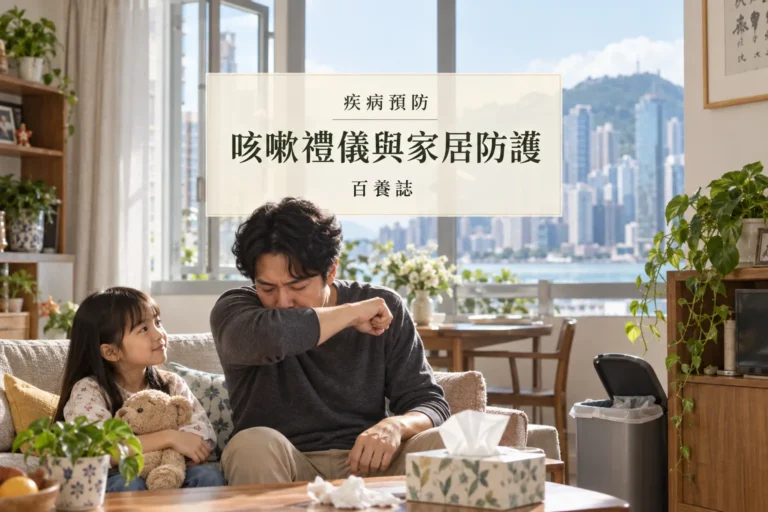 百養誌咳嗽禮儀與家居防護的自然彩色健康教育情境封面；沒有個人診斷或治療結果。