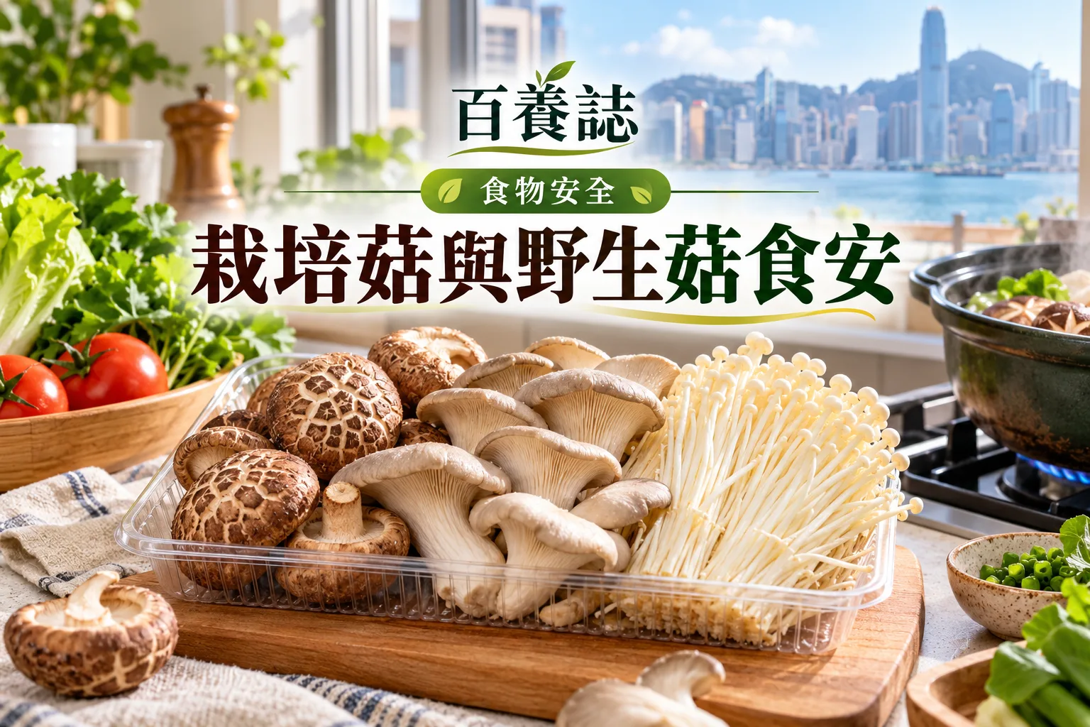 百養誌栽培菇與野生菇食安的自然彩色健康教育情境封面；沒有個人診斷或治療結果。