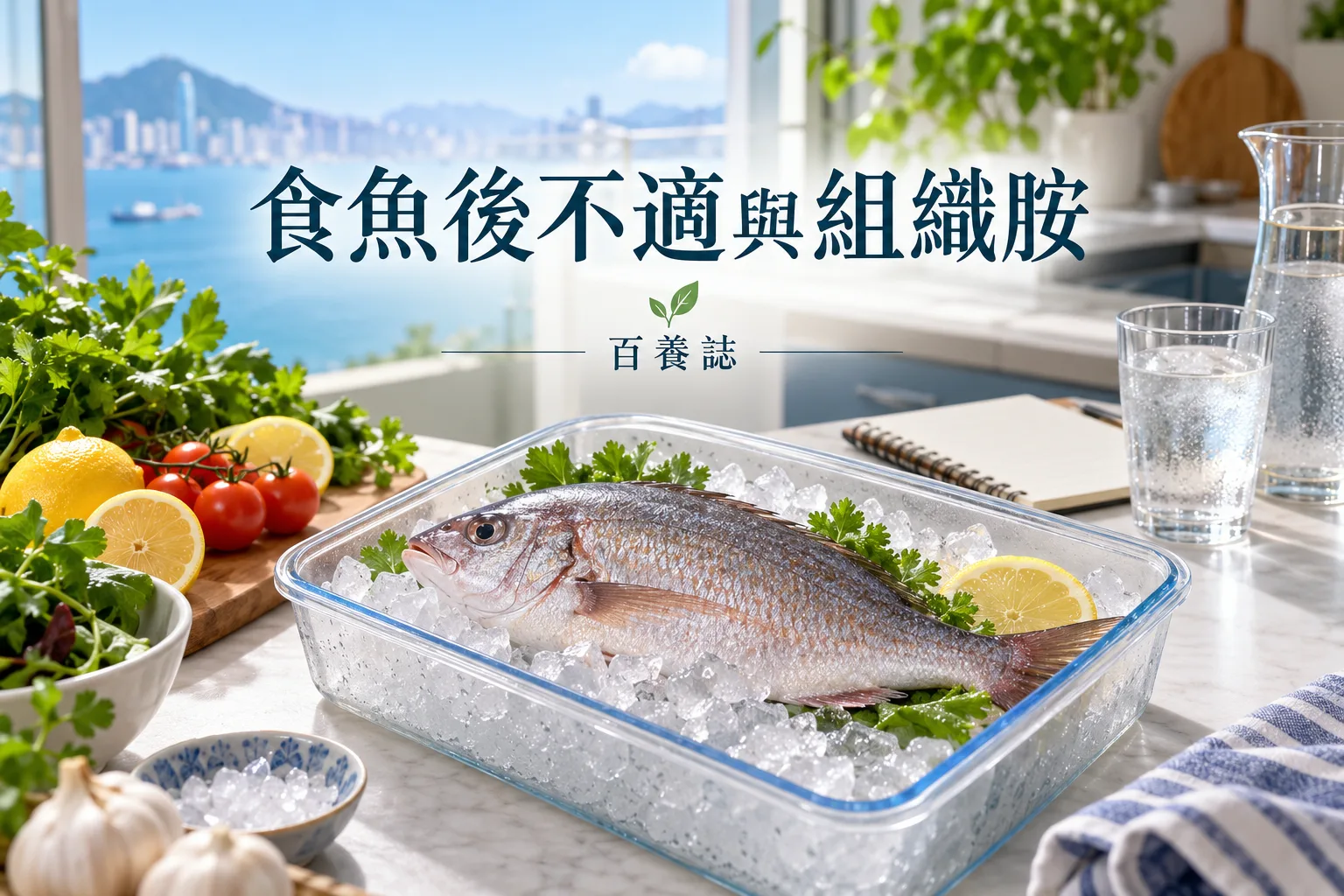 魚類、保冷袋與溫度計的食物安全示意,提醒組織胺風險、冷鏈及就醫警號