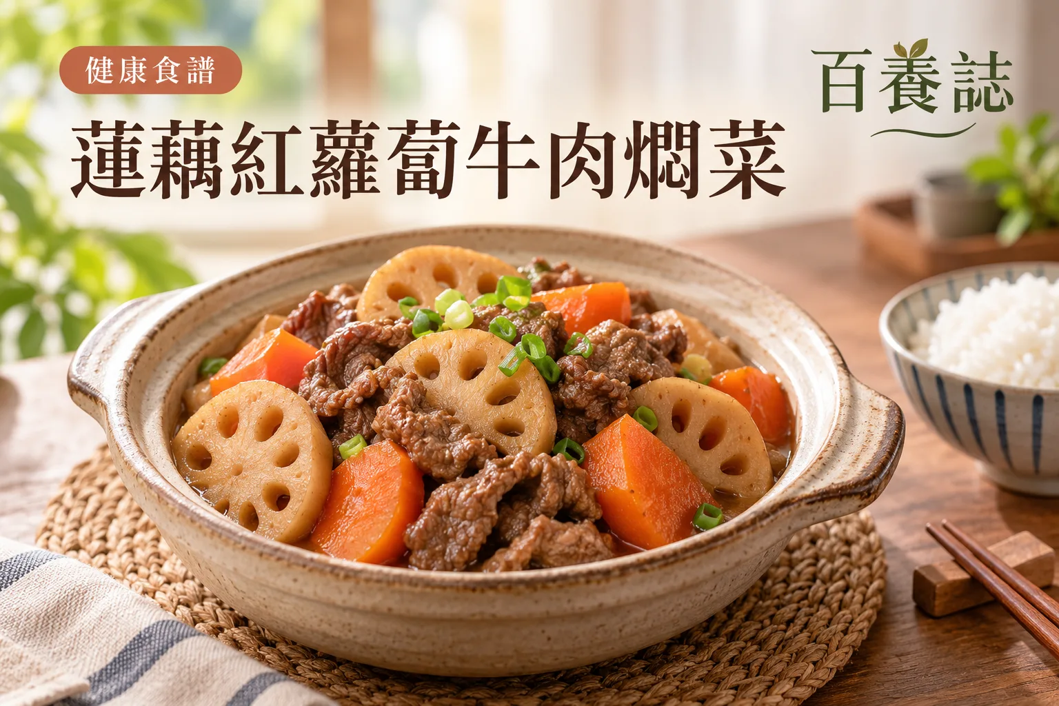百養誌蓮藕紅蘿蔔牛肉燜菜的自然彩色健康教育情境封面;沒有個人診斷或治療結果。