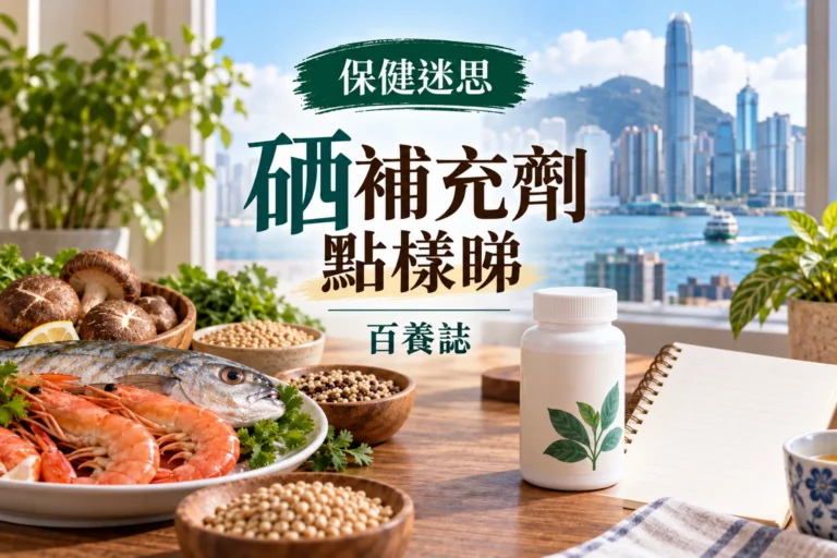 百養誌硒補充劑點樣睇健康教育情境封面，完整橫向比例；自然彩色示意，不代表個人治療結果。