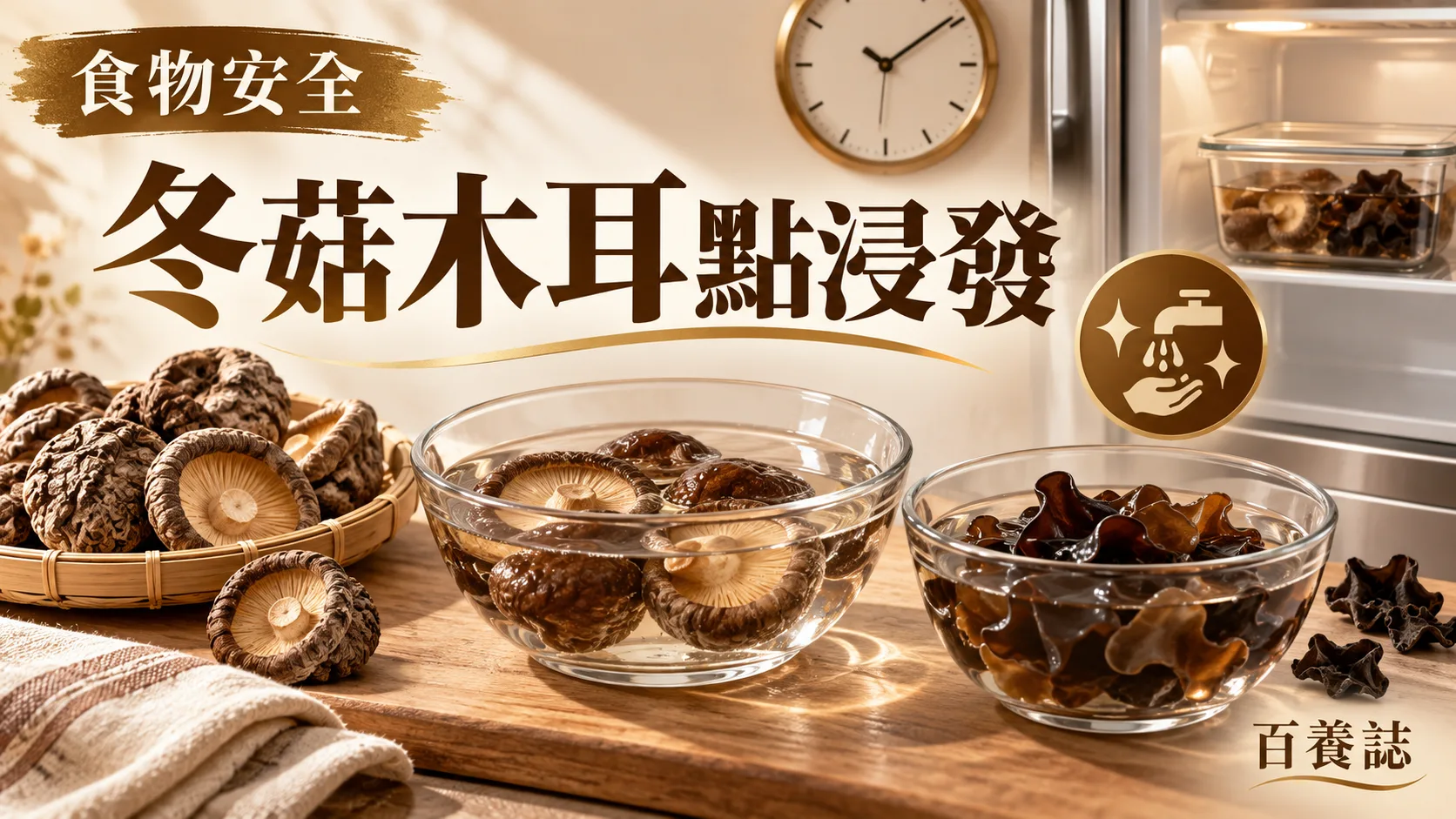 金銅啡米白冬菇、木耳、清水、雪櫃與時鐘圖示封面，文字為食物安全、冬菇木耳點浸發、百養誌