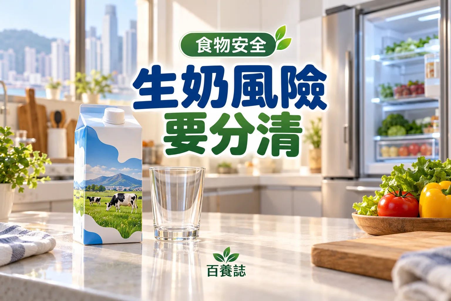 百養誌生奶風險要分清的自然彩色健康教育情境封面;沒有個人診斷或治療結果。