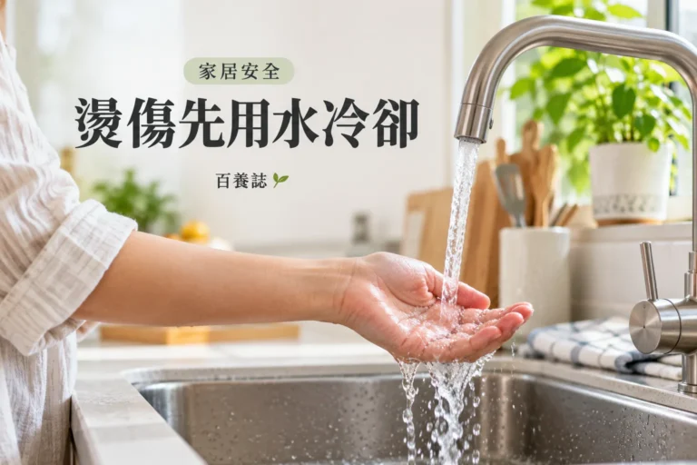 百養誌燙傷先用水冷卻的自然彩色健康教育情境封面；沒有個人診斷或治療結果。
