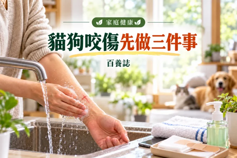 百養誌貓狗咬傷先做三件事的自然彩色健康教育情境封面；沒有個人診斷或治療結果。