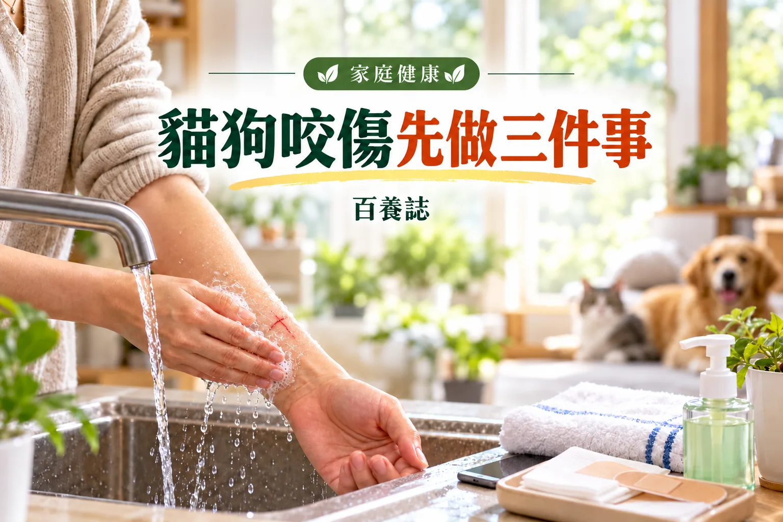 百養誌貓狗咬傷先做三件事的自然彩色健康教育情境封面；沒有個人診斷或治療結果。